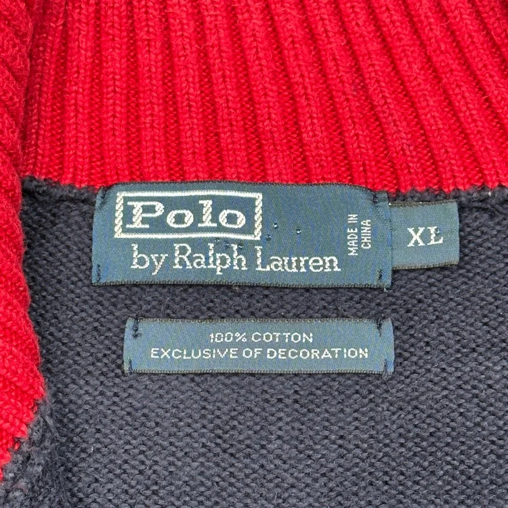 Polo Ralph Lauren Mens XL Quarter Zip Y2k Sweater‎ Navy Blue Red Stripe Cotton